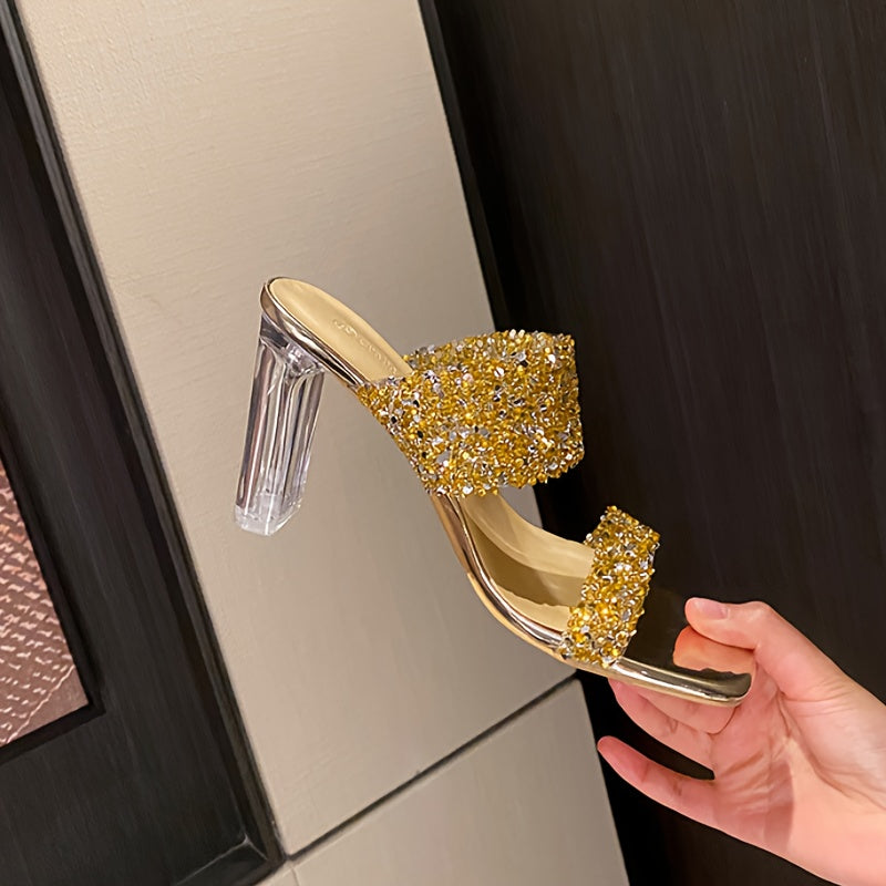 [Glittery Heels] Glittery Rhinestone Block Heel Shoes for Women | 7cm High Heel, Durable Rubber Sole, Comfortable & Stylish for Summer, Sequin Embellished Dress Shoes