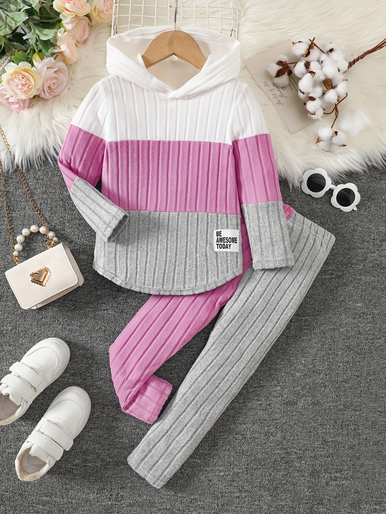 [Girls' Hoodie Set] 2pcs Girls' Pullover Hoodie Set | Long Sleeve, Color Block Patchwork, Lined Warm Knit Fabric | Autumn/Winter, Ages 1-8, Casual & Sports