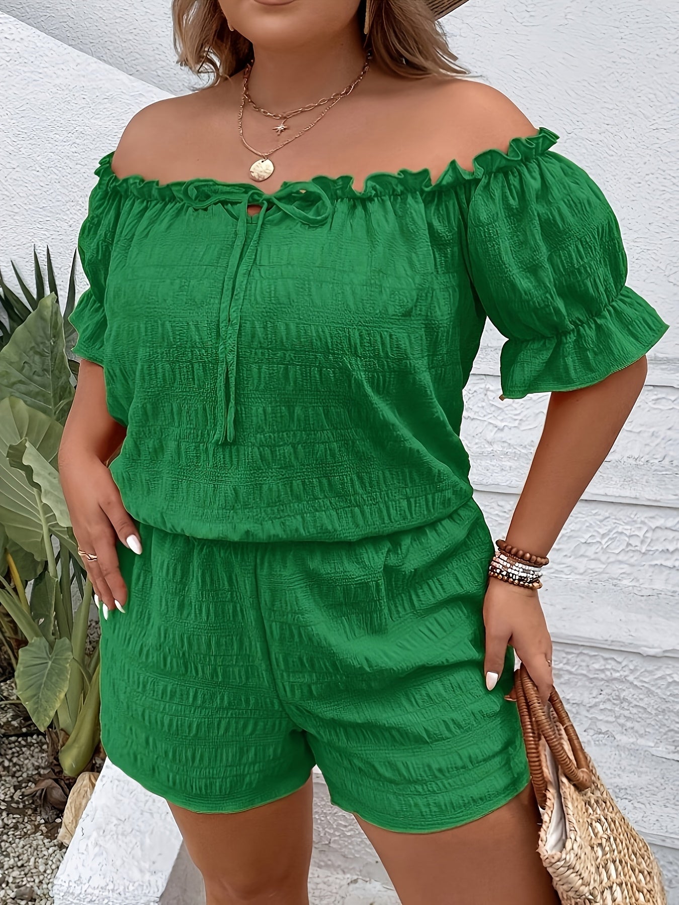 Plus Size - Plus Size Solid Textured Two-piece Set, Off Shoulder Lettuce Trim Short Sleeve Top & Shorts Outfits, Women'S Plus Size Clothing