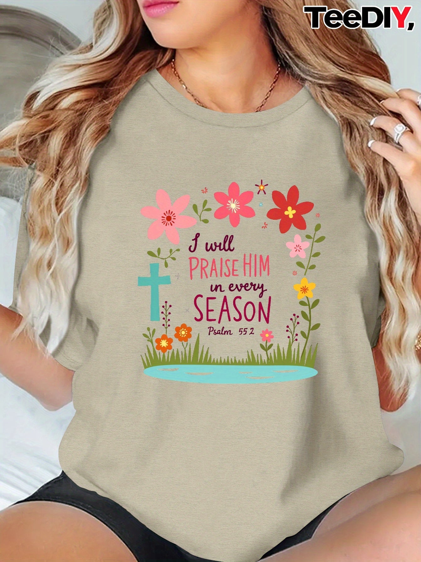 Women's Large Christian Faith Apparel T-Shirt - Praise Him Every Season Psalm Quote (Psalm 148:6) Religious Tee - Dark Background with Red Floral Cross Design - Breathable Casual Church Outfit - Machine Washable All-Season Sp