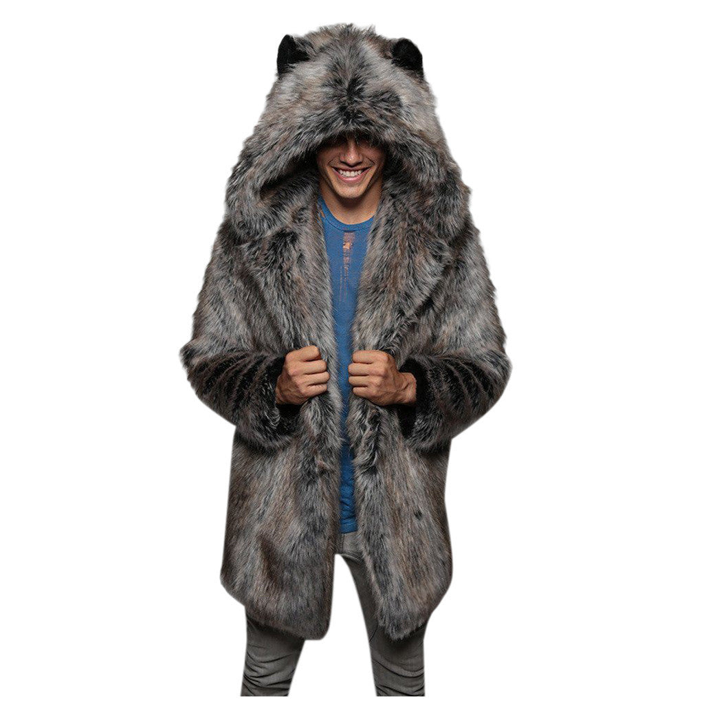 New European and American Style Faux Fur Coat for Men Winter Casual Warm Mink Fur Long Coat with Hood