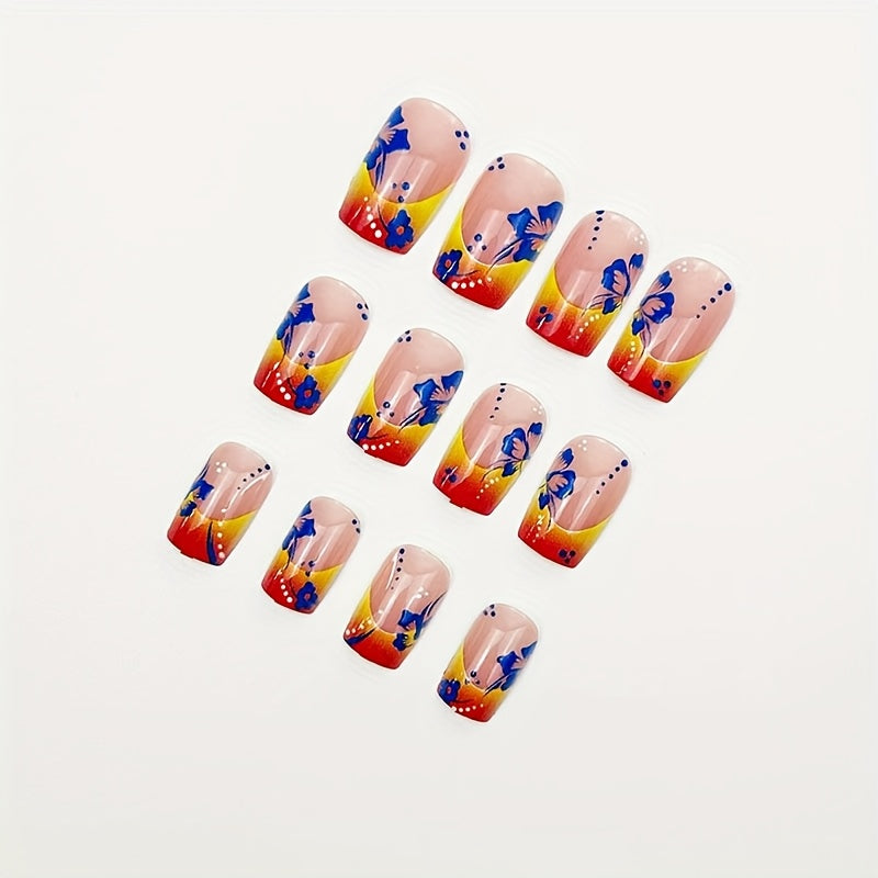 French-Style Gradient Press-On Nails with Blue Flowers & Orange Ombre - Square Medium Length Detachable Nail Extensions Suitable for Women Daily Wear, Parties, Weddings, Prom - Easy Application & Durable Glossy