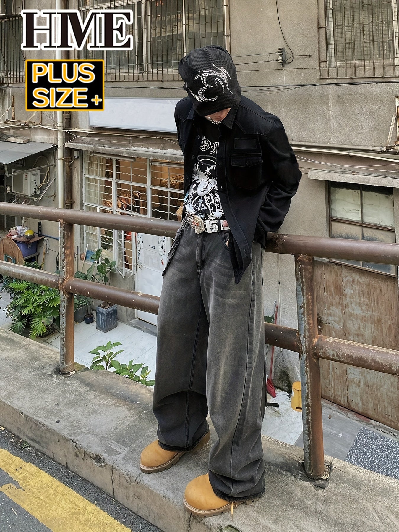 HME Men's Plus Size 1XL-6XL Heavyweight Denim Pants - Oversized Wide Leg Streetwear Hip-Hop Style, Thickened Winter Trousers with Beltless Design & Button Closure, Light Wash Gradient White Distressed Jeans for Casual & Forma