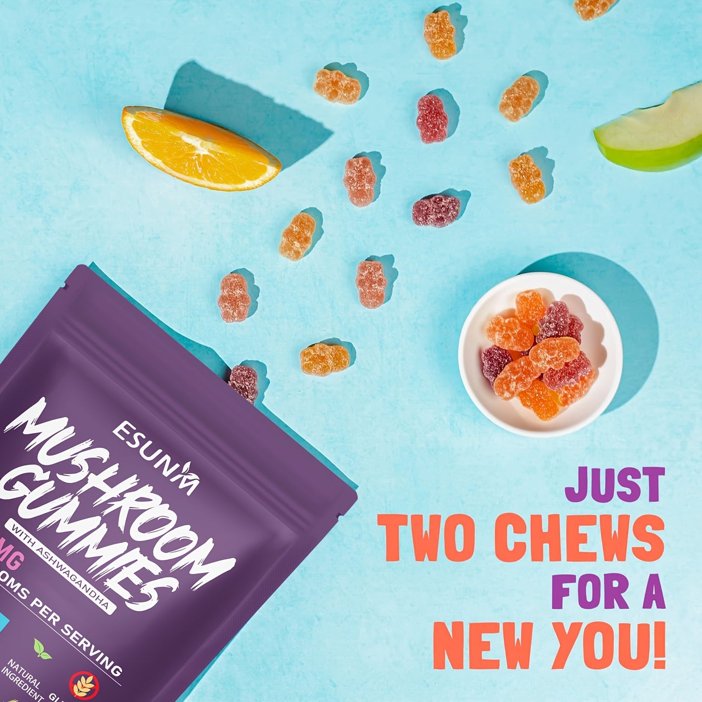 1/2/3/4 Bags of Lion's Mane Mushroom Gummies, Ashwagandha Gummies - Contains Ganoderma, Cordyceps, Turkey Tail, Dancer's Mushroom, Shiitake and Bupleurum, Low Carb, 80 Gummies per Bag, ESUNM