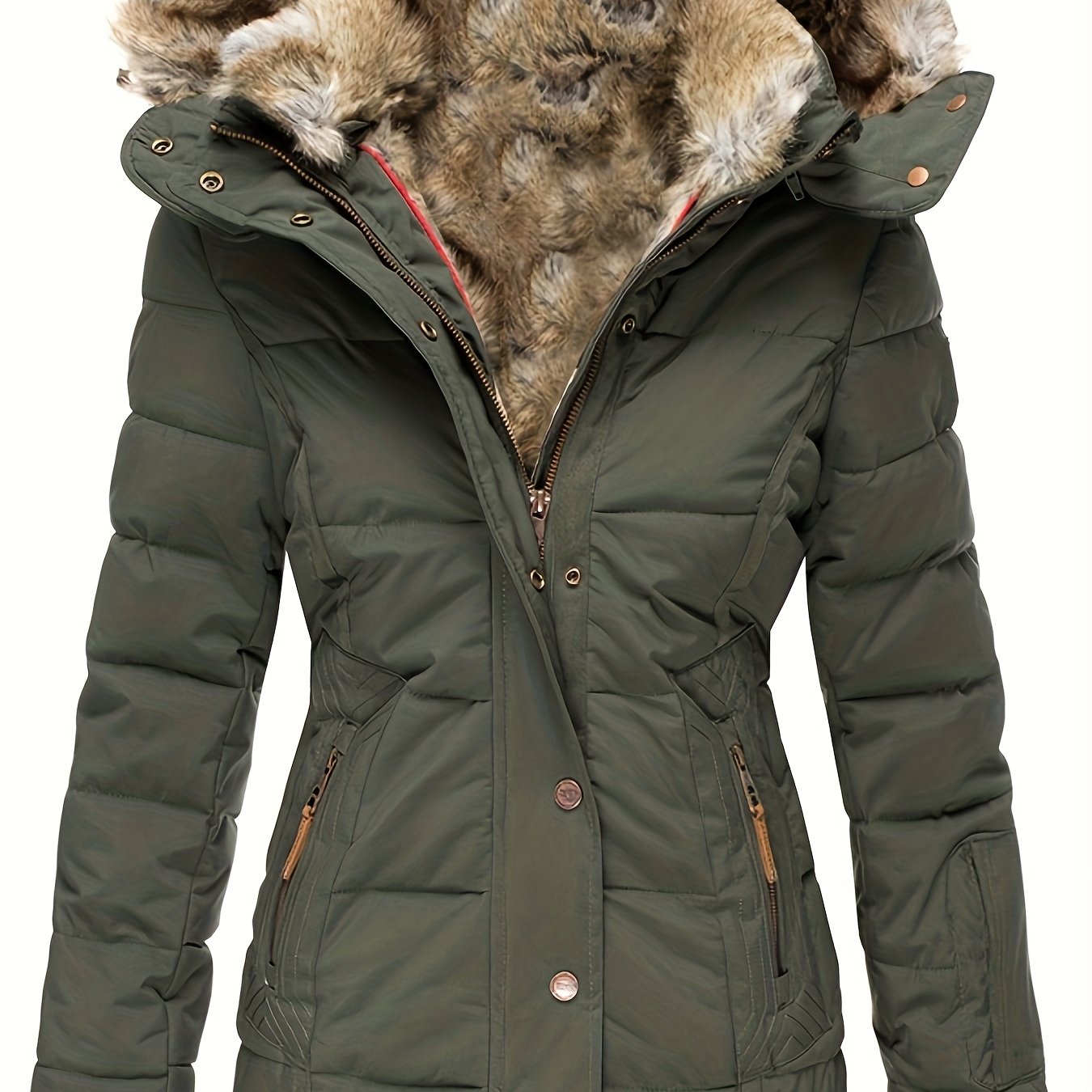 Plus Size - Women'S Winter Warm Hooded Coat with Luxurious Fur Collar & Full-Zip Closure - Slim-Fit Long Sleeve Jacket, Plus Size Cold-Weather Outerwear, /Navy, Casual to Formal Outfits, Non-Stretch Fabric, Easy On/Off Zipper