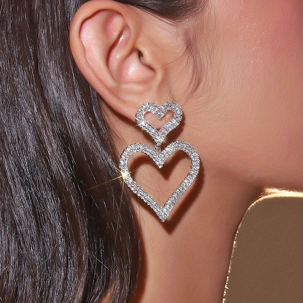 Women's Elegant Double Heart Rhinestone Dangle Earrings - Sparkling Party Jewelry for Valentine's Day, Anniversary, Birthday, Mother's Day Gift - Year-Round Glamour & Everyday to Evening Wear, Anniversary Present, Glamorous A