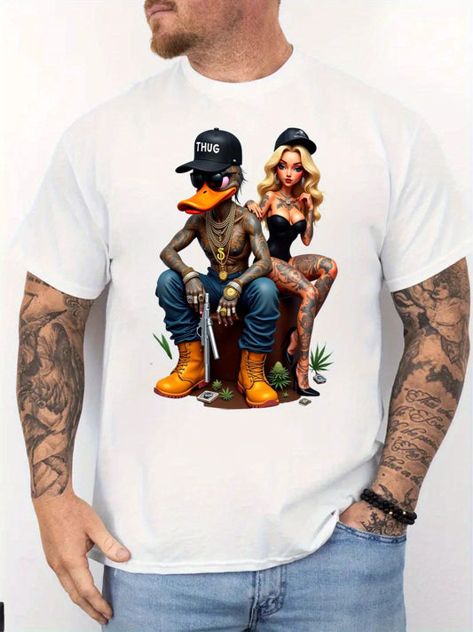 Duck and Lady Graphic T-Shirt - Unisex 100% Cotton Streetwear Tee with Duck & Lady Design, Golden Chains & Tattoos, Regular Fit Short Sleeve Round Neck Casual Shirt for Men & Women