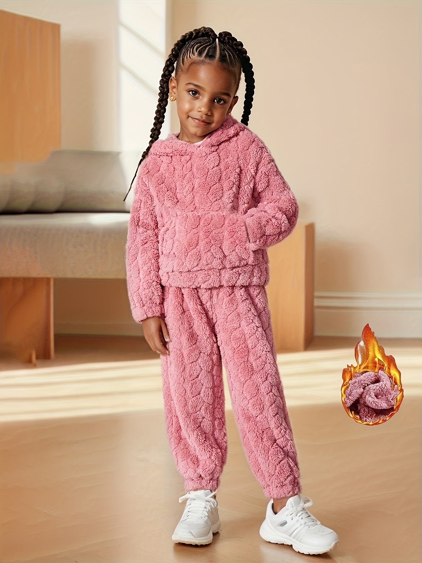 Fashionable Plush Hoodie Set, Warm Winter Sweatshirt And Pants Set, Girls' 2pcs Set, Fashionable Pullover Top & Pants Set, Cold Weather Clothing, Seasonal Outfit, Casual Fashion, Stylish Wear, Comfortable Material, Plush Fabr