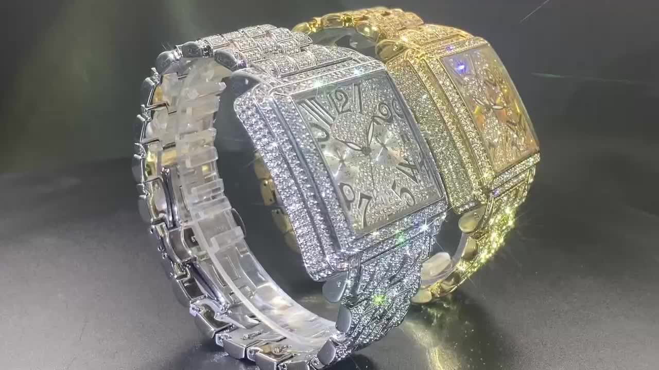 MISSFOX Men'S Luxury Hip-Hop Watch - Golden-Tone Quartz Movement with Date/Calendar, Square Dial & Roman Numeral Display, Sparkling Rhinestone Bezel, Battery-powered Formal/casual Wristwatch For Everyday & Special Events - Id