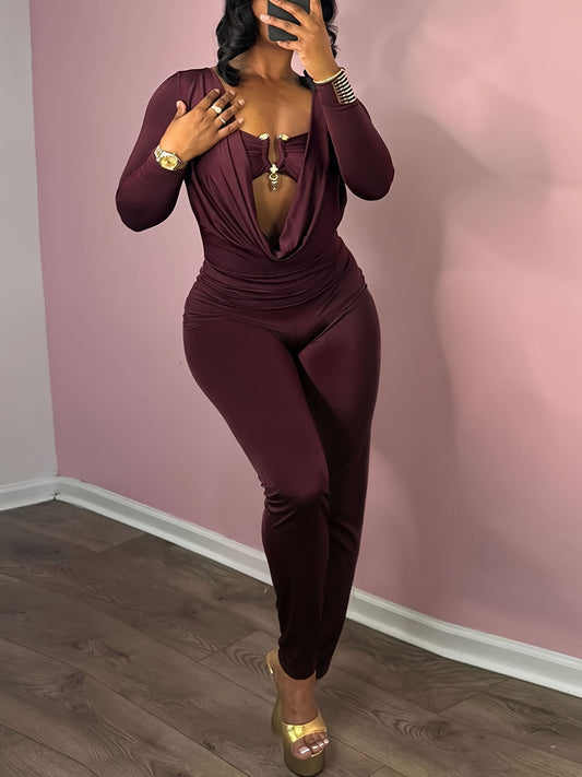 Basic Style Multi-Color Casual Tight Sexy Hot Hip-Hop Cool Women'S Thin Solid Color Long Sleeve Metallic Decorated Hollow Jumpsuit
