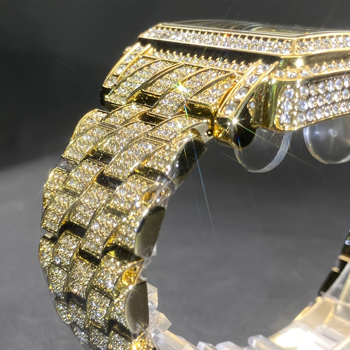 MISSFOX Men'S Luxury Hip-Hop Watch - Golden-Tone Quartz Movement with Date/Calendar, Square Dial & Roman Numeral Display, Sparkling Rhinestone Bezel, Battery-powered Formal/casual Wristwatch For Everyday & Special Events - Id