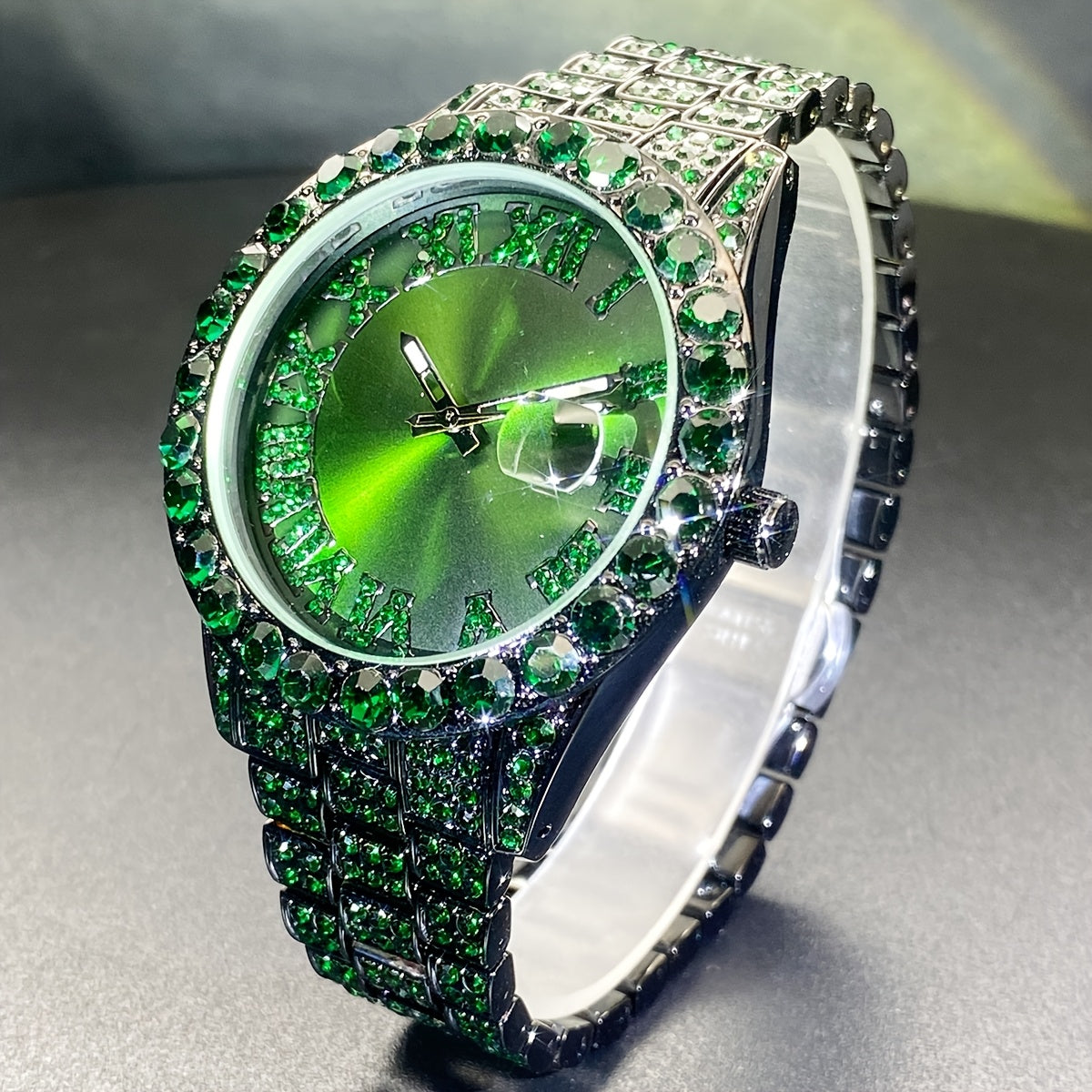 Luxury Ice Blue Rhinestone Quartz Watch for Men & Women - Sparkling Rhinestone-Encrusted Dial, Alloy Case & Band, Date Calendar Display, Battery-Powered Round Party Watch for Mardi Gras, Ramadan, Spring Festival Gifts, Bling