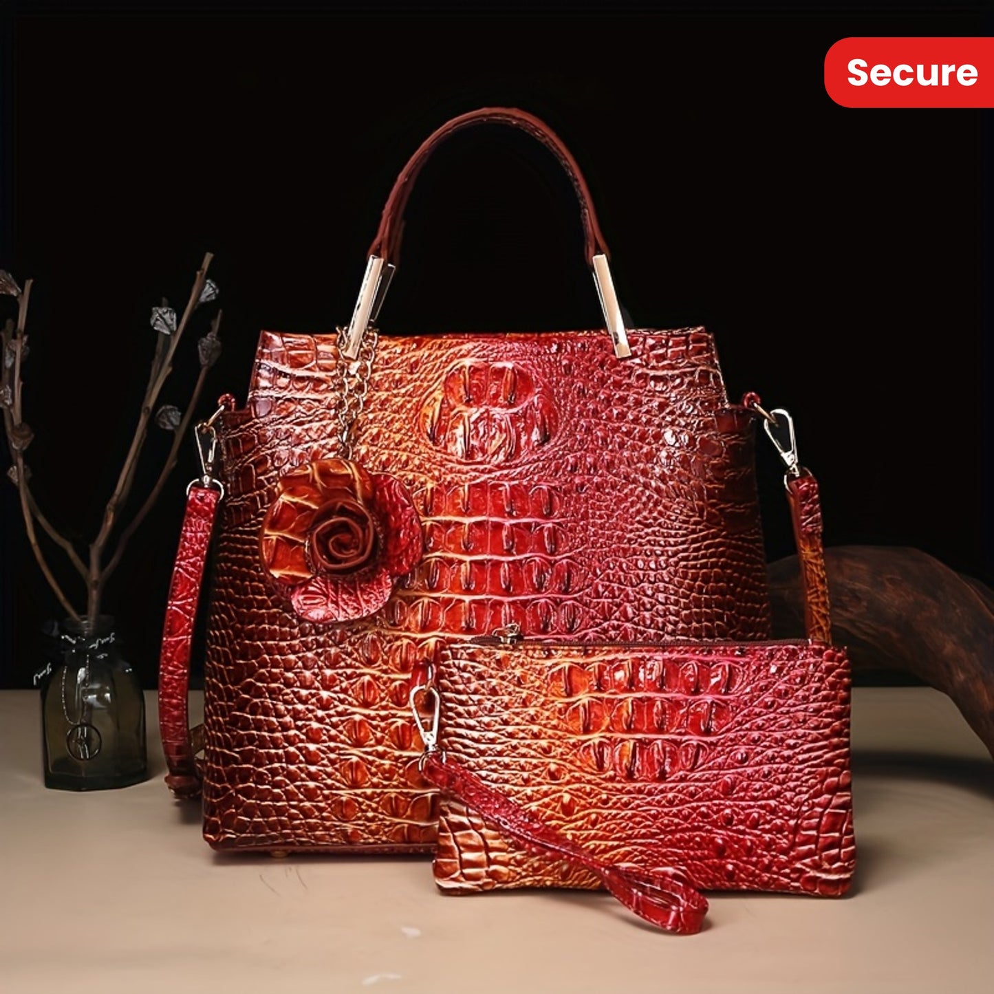 2pcs Crocodile Print Handbag Set - Fashionable Vintage Style, Multi-Functional Top Handle Crossbody, Business Clutch & Coin Purse - Spacious, Secure, Ideal for Everyday Chic
