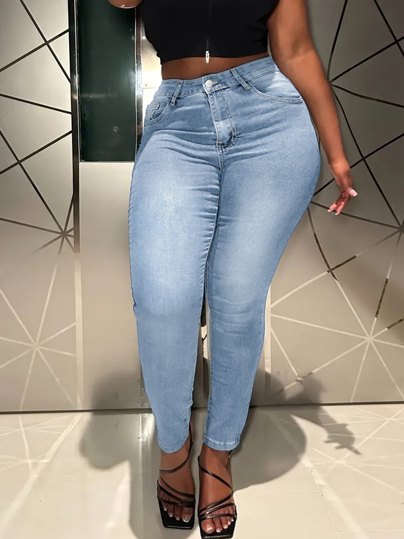 Plus Size High Waisted Slim Fit Solid Color Light Blue Skinny Jeans for Women Full Length Stretchy Denim Jeans