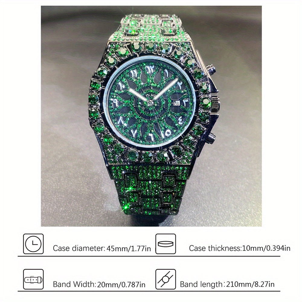 Fashion Green Black Watch For Mens Luxury Iced Quartz Watch Mans Hip Hop Square Cz Jewelry Wristwatch Christmas Gift For Men Women