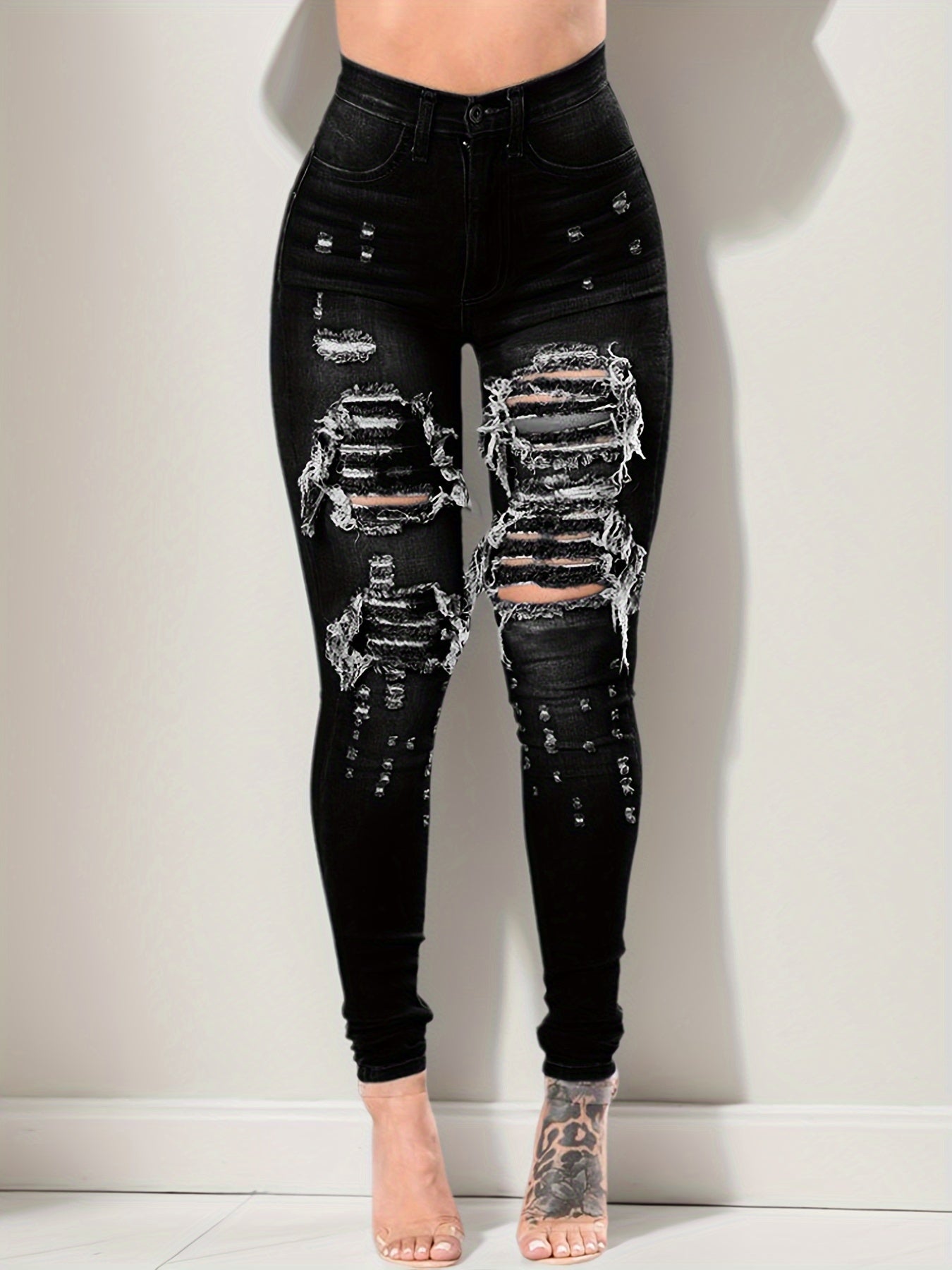 Ripped High Waisted High Stretch Tight Jeans, Comfortable Casual Jeans, Suitable For Daily Wear, Women's Jeans And Clothing