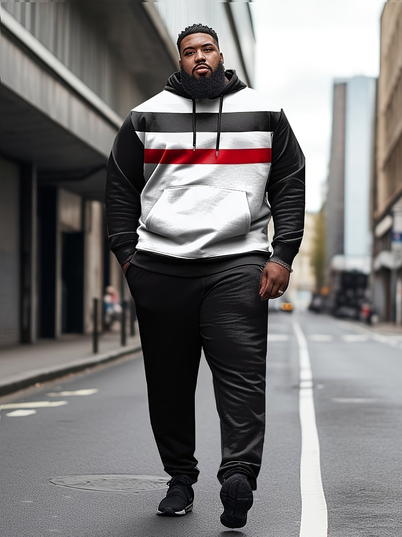 Men'S & Unisex Athletic Tracksuit Set - 100% Polyester Full-Body Striped Print Hooded Sweatshirt & Sweatpants, Elastic Gym Wear with Regular Fit, Plus Size Casual Sportswear for Gym, Jogging, Casual Attire - Breathable & Wrin