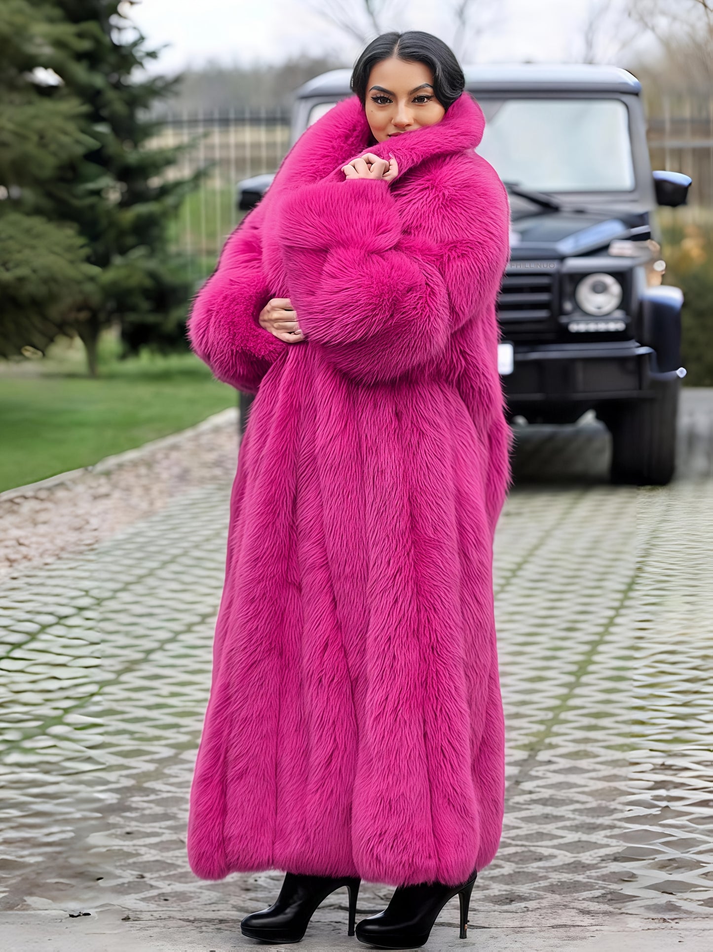 Plus Size - Plus Size Long Faux Rabbit Coat for Women | Stylish and Casual with Elegant Vibe, Non-Stretch Fabric, Lapel Collar, Solid Color, Regular Sleeve, Long Length, Fall/Winter Season