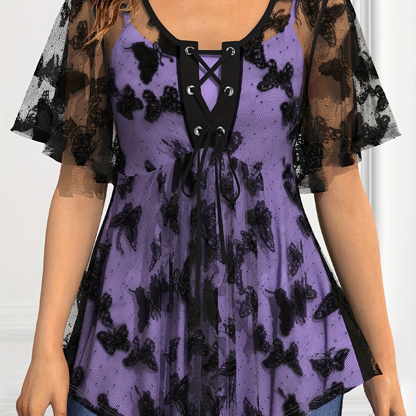 Plus Size Elegant Lace Up Butterfly Pattern Short Sleeve Top, Women's Clothing