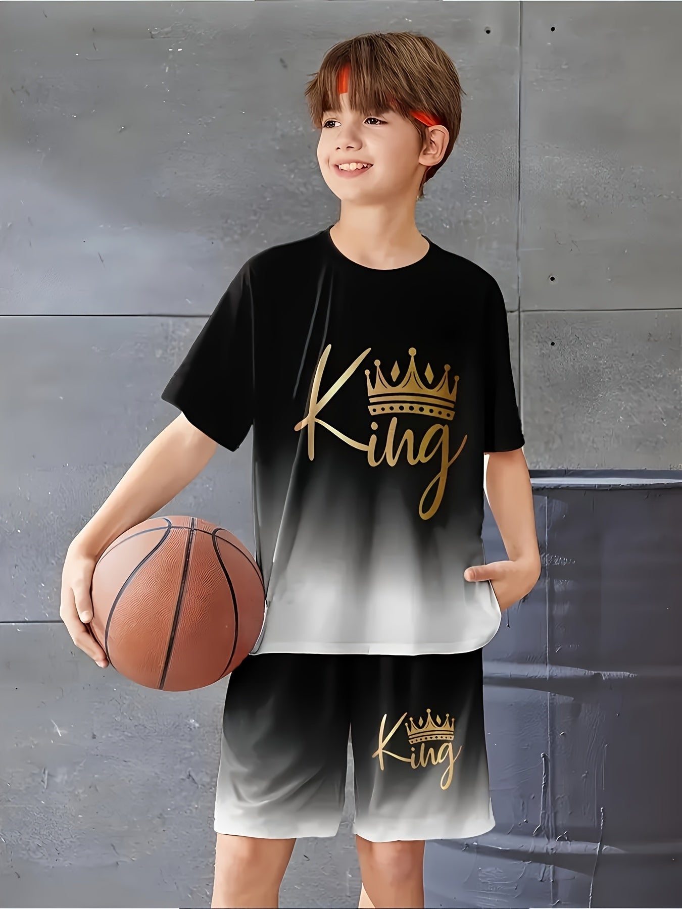 Summer Fashion Boys Cool Gradient Black Golden Letter "King" Crown Short Sleeve Shorts Set, Perfect For Summer Outdoor Activities, Daily Wear, Leisure, Entertainment, Parties, School, Travel, An Ideal Gift, for Outdoor