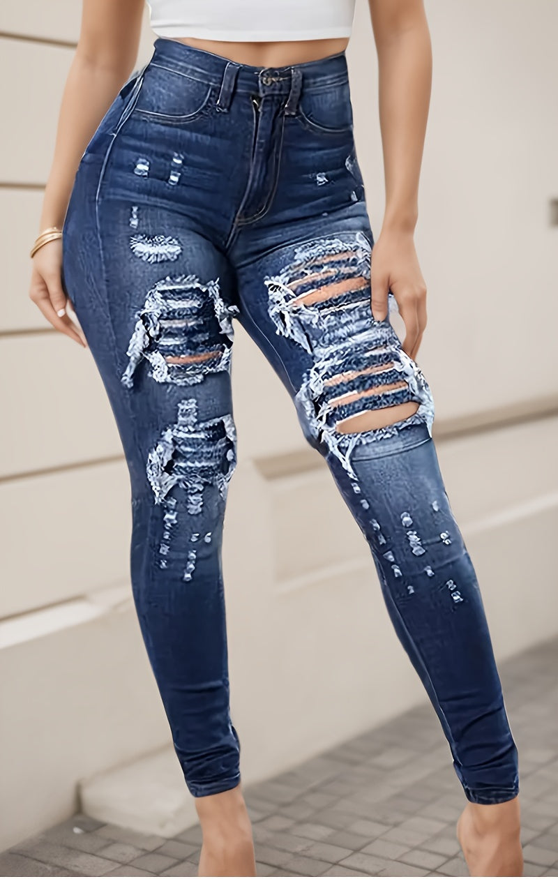 Ripped High Waisted High Stretch Tight Jeans, Comfortable Casual Jeans, Suitable For Daily Wear, Women's Jeans And Clothing