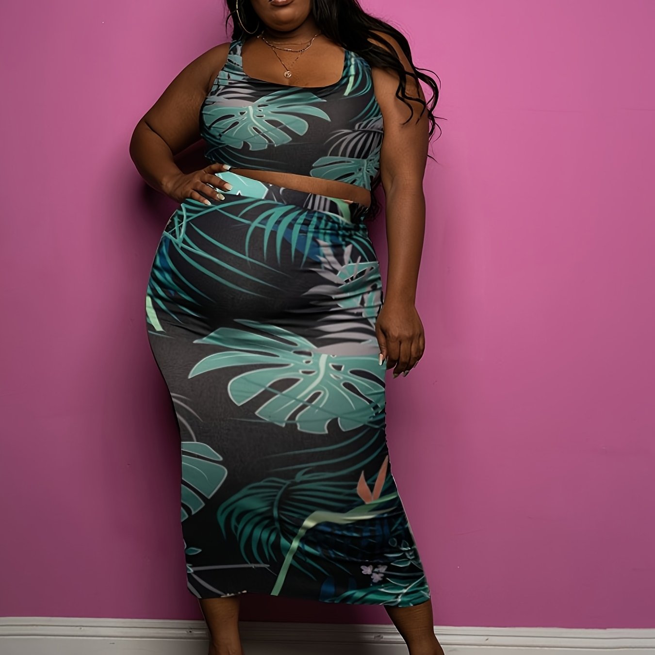 Plus Size - Plus Size Women'S Summer Casual Fashion Sexy Color Block Leopard Print Round Neck Sleeveless Crop Top + Color Block Leopard Print Sexy Bodycon Back Slit Skirt Two-Piece Set