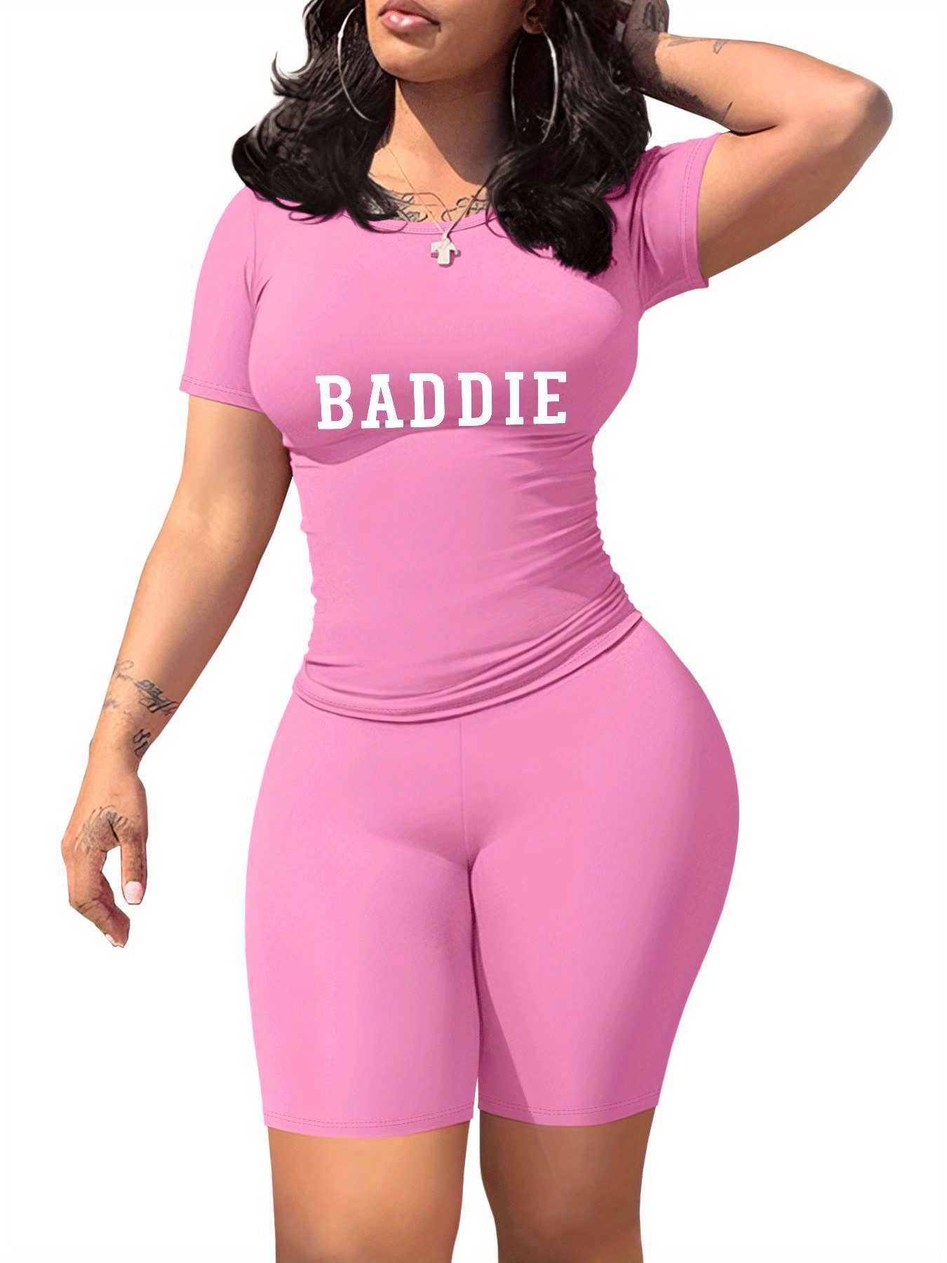 Baddie Women'S SlimFit TShirt and Shorts Set, Premium Baddie Lettering Print, Durable Baddie Graphic Design, Casual Baddie Style Fashion with Soft Fabric, Comfortable and LongLasting Baddie Trend., Allseason Apparel, Trendy O