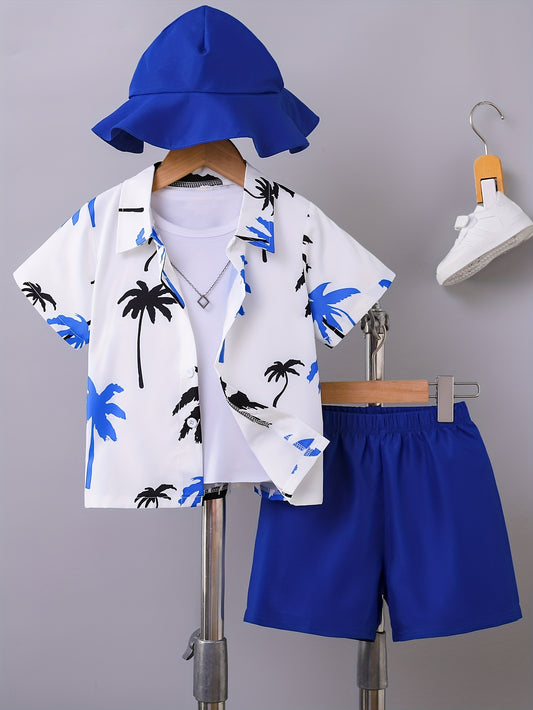 A Set of Two Stylish Summer Shirts with Coconut Tree Patterns And Elastic Waist Shorts for, Perfect for Outdoor Beach Activities., Perfect for Outdoor