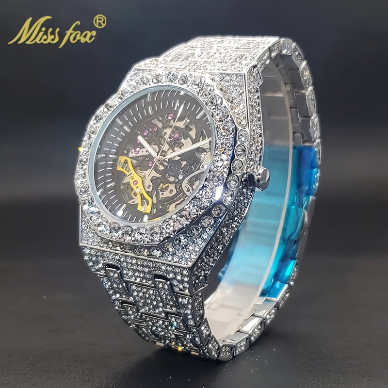 MISS FOX Men'S Luxury Golden Rhinestone Wrist Watch - Hip-Hop Ice Automatic Mechanical Movement, Round Analog Display with Glitter Embellishments, Zinc Alloy Band, Fashionable Large Dial Timepiece for Parties & Formal Events,