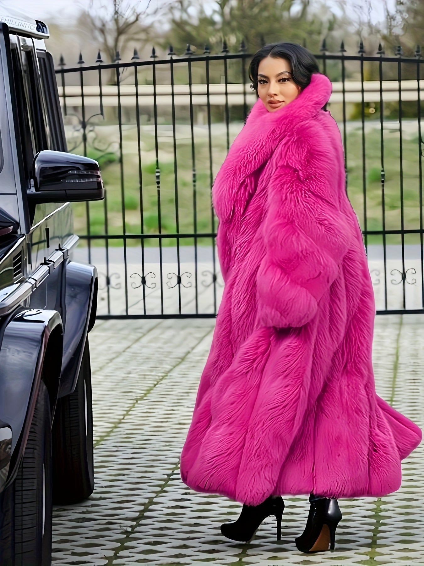 Plus Size - Plus Size Long Faux Rabbit Coat for Women | Stylish and Casual with Elegant Vibe, Non-Stretch Fabric, Lapel Collar, Solid Color, Regular Sleeve, Long Length, Fall/Winter Season