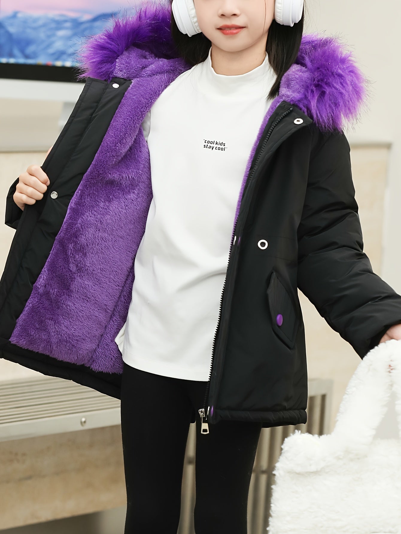 Girl's Chic Furry Collar Long Sleeve Parka Jacket, Comfy Plush Lined Warm Long Sleeve Outerwear