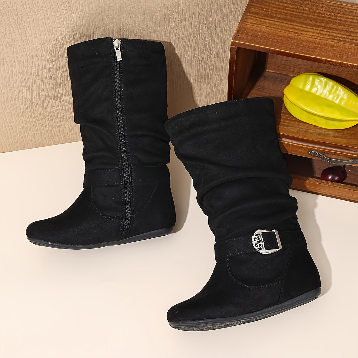 Ruffled Boot Cuffs with Decorative Buckle & Tassel, Flatter Round Toe Zipper Closure, Comfortable Fabric Lining, Casual Everyday Schoolgirl Boots for Girls - All-Season Versatile Mid-Calf (14 & Under)