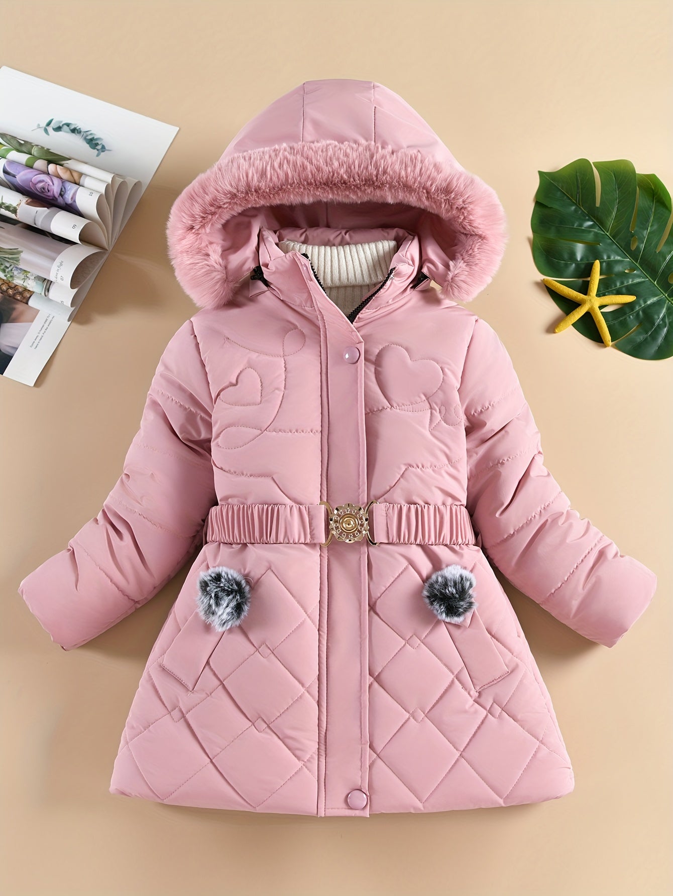 Stylish Girls' Winter Coat with Faux Fur Hood, Heart-Shaped Diamond Pattern, Warm Mid-Length Parka with Belt - Beige, Polyester, Fall/Winter Outerwear for Girls, Girls Winter Clothes