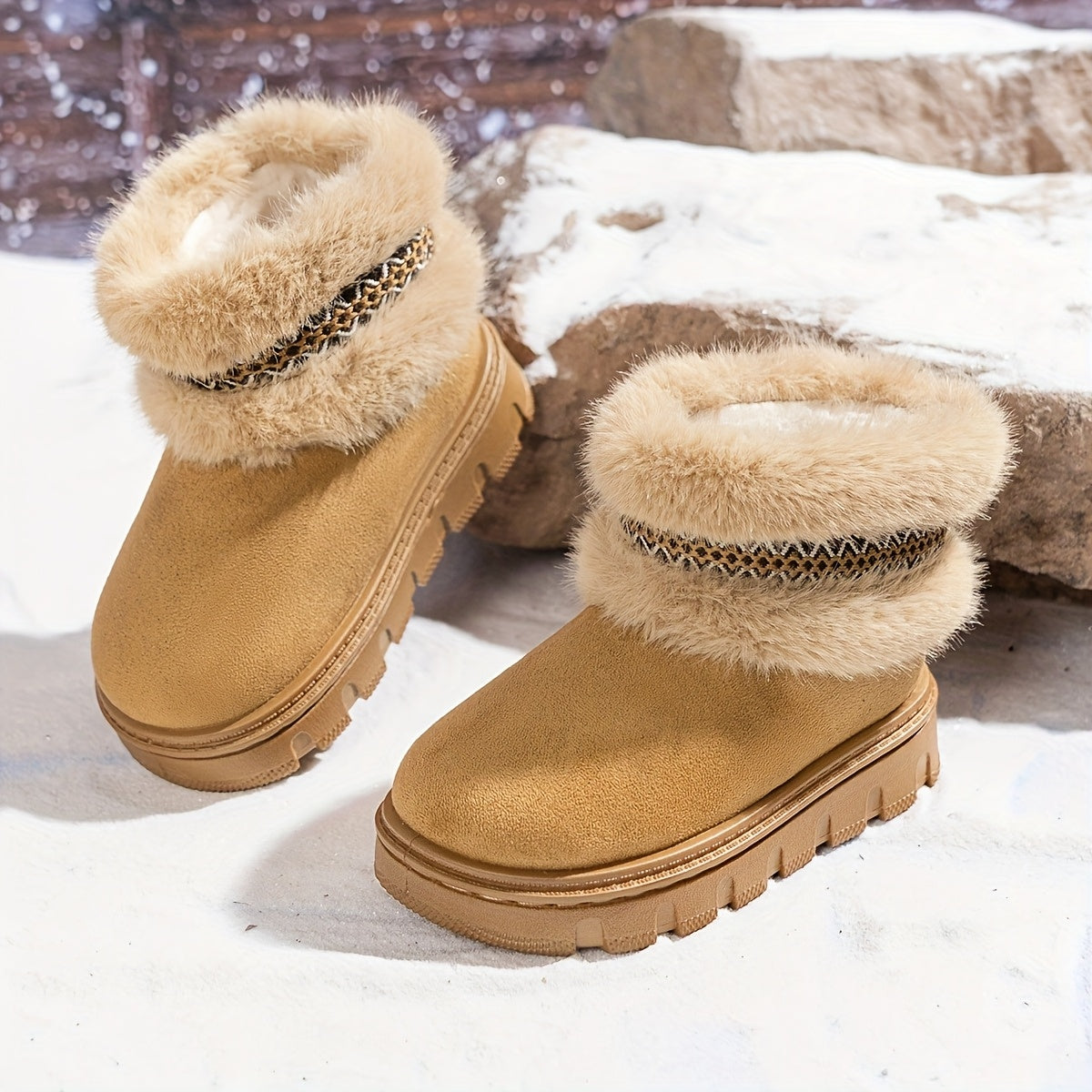 1 Pair Youngsters' Winter Snow Boots - Slip-On Mid-Calf Boots with Plush faux fur Lining, Non-Slip Rubber Sole & Breathable Fabric Upper for Boys & Girls, Casual Outdoor Hiking & Daily Wear, Winter Sports Footwear, Stylish Yo