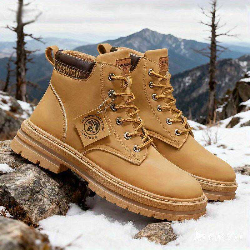 Men'S High-Top Winter Snow Boots with Thick PVC Sole & Warm Lining - / Brown - All-Terrain Traction, Lace-Up Closure, Outdoor Footwear, Durable Construction, Rugged Design, Outdoor Enthusiasts, Sturdy Build, Sporty Look, Hiki