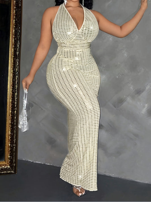 Plus Size Women's Sleeveless Halter Neck Sequin Dress - Elegant Bodycon Summer Party Dress with High Slit, Hand Wash Only, Formal Occasion Attire | Stretchy Fabric Gown