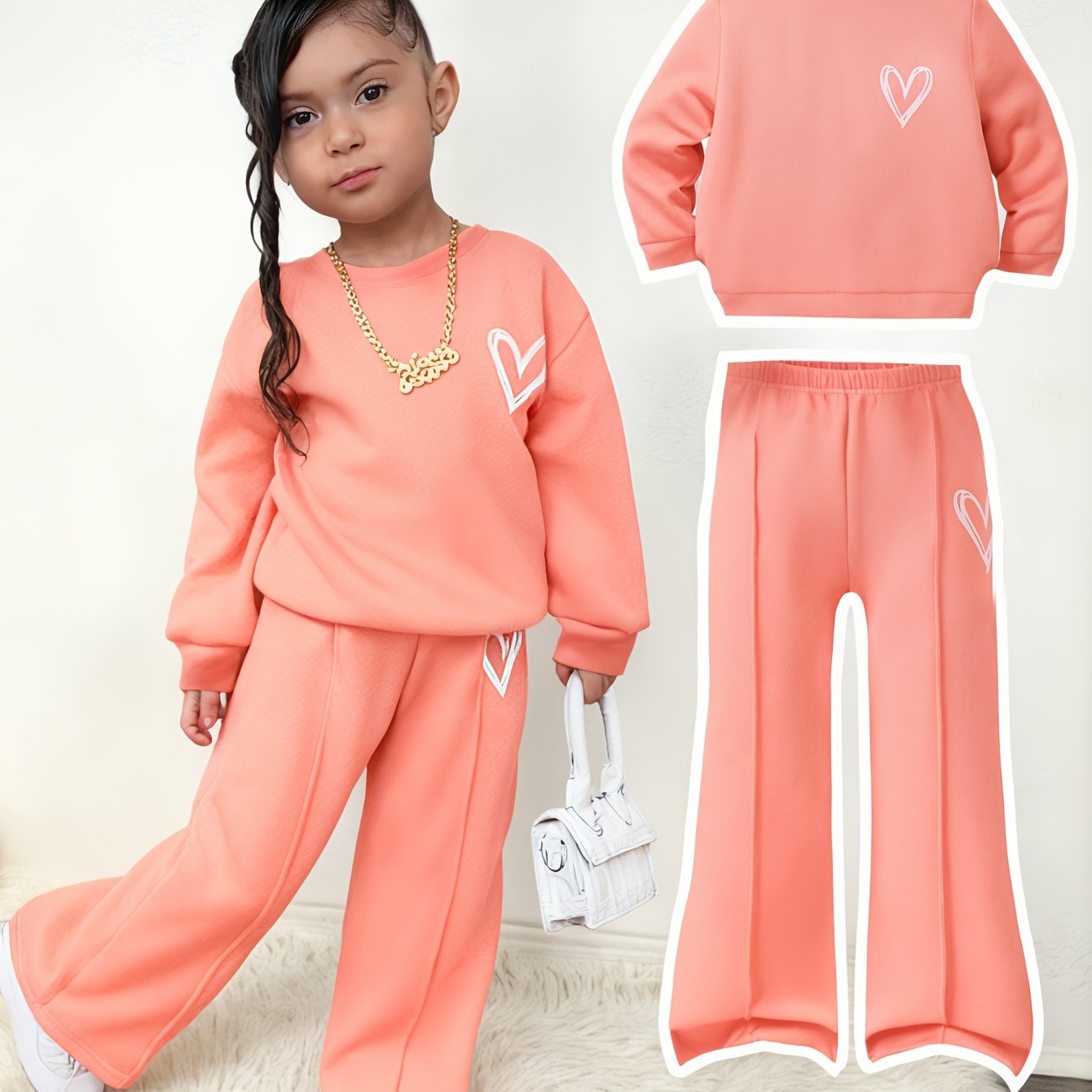 Girl'S Autumn and Winter Love Print Fleece Hoodie + Print Pants Two-Piece Set | Suitable for Outdoor Wear, Comfortable Fabric with Fleece Insulation, Casual Style, Regular Fit, Ideal Gift for Children.