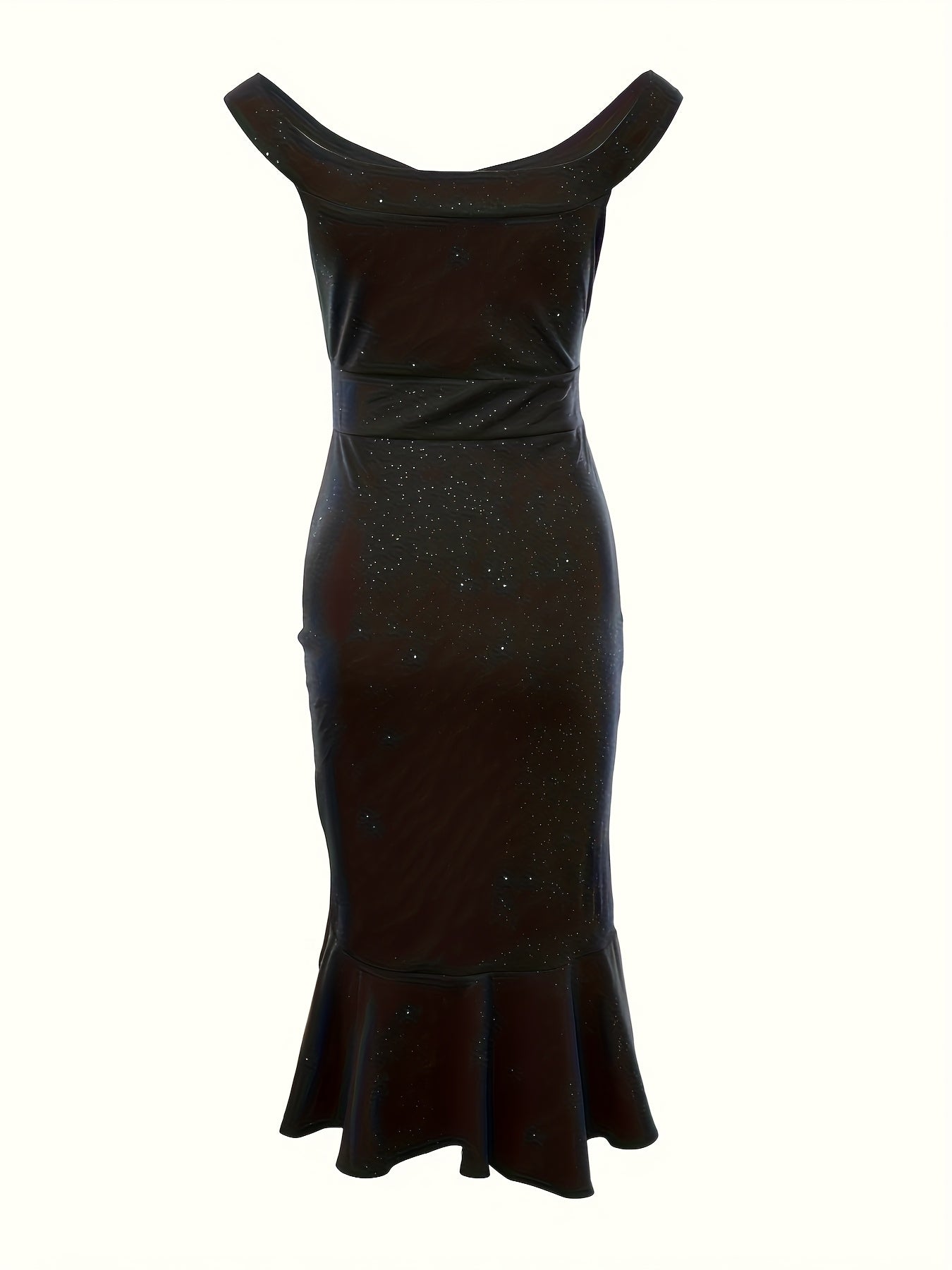 Elegant Off-Shoulder Bodycon Party Dress | Plus Size | Black with Sparkling Stars, High Thigh Slit | Ruffled Hem | Stretchy Polyester & Spandex Blend | Machine Washable | Spring/Summer Collection, Evening Event Attire | Ruffl