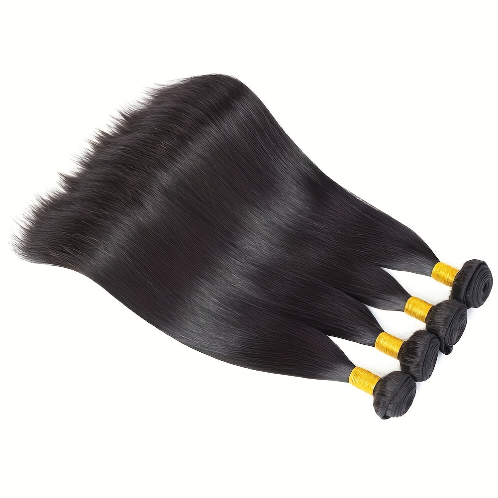 4 Bundles 12 Inch Straight Human Hair Weave with 4x4 Free Part Lace Closure - Natural Black Color, 100% Human Hair Extensions for Women, All Ethnicities, Versatile Hair Styling | Natural Hairline | Human Hair Bundle