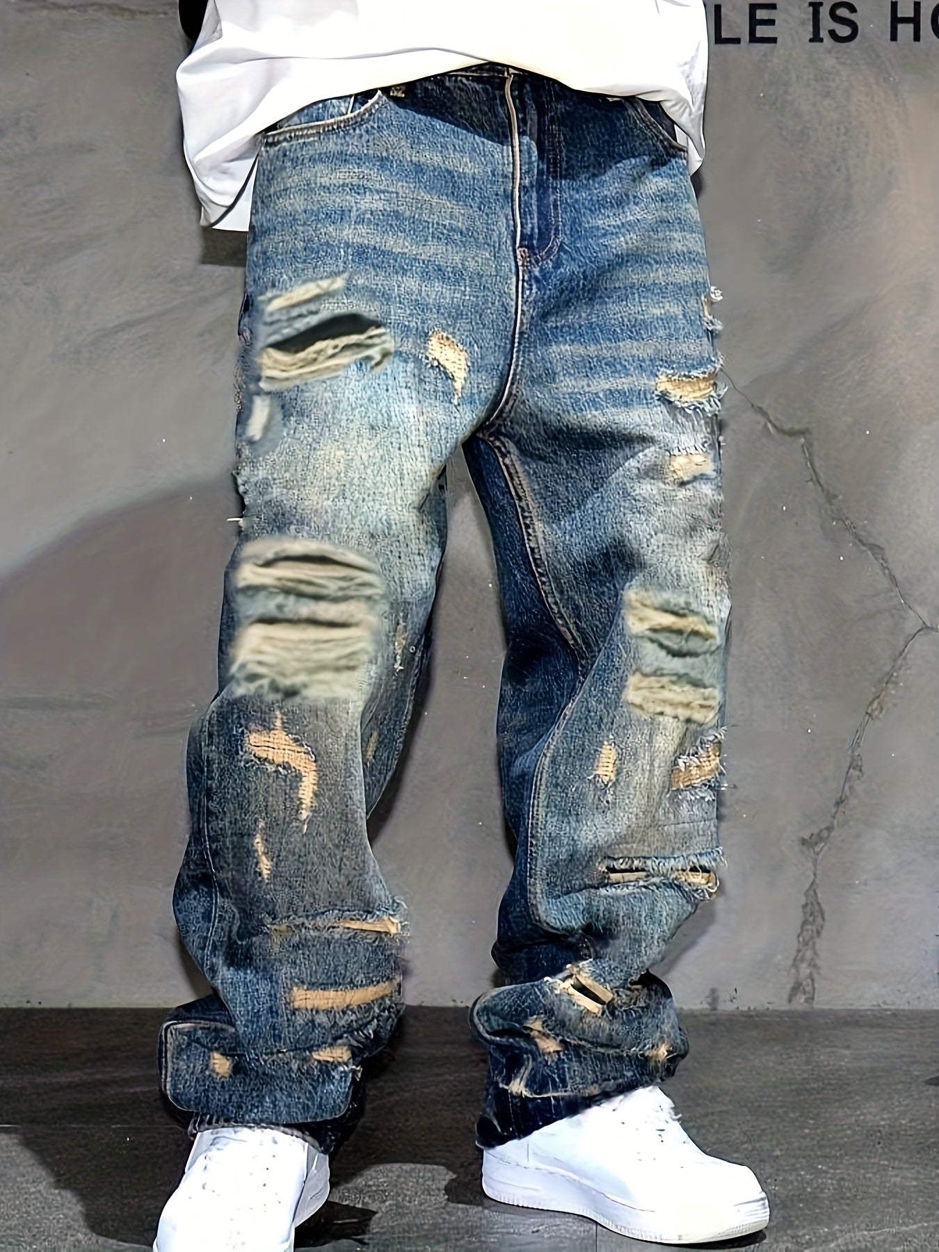 Men's American High-Street Distressed Patch Wide-Leg Jeans - Loose-Fit Straight-Leg Trousers with original, Casual Streetwear Pants for all-Season Wear (Hand Wash/Dry Clean) - Style over Function for Edgy Outfits