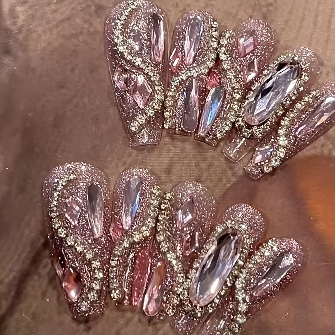 10pcs Luxurious Handmade Press-On Nails with Sparkling Rhinestone Design, 3D Geometric Shape, Pink to Purple Gradient, Glossy Finish – Perfect for Women and Girls, Elegant Gift Idea, Party Accessories | Glossy Finish Nails