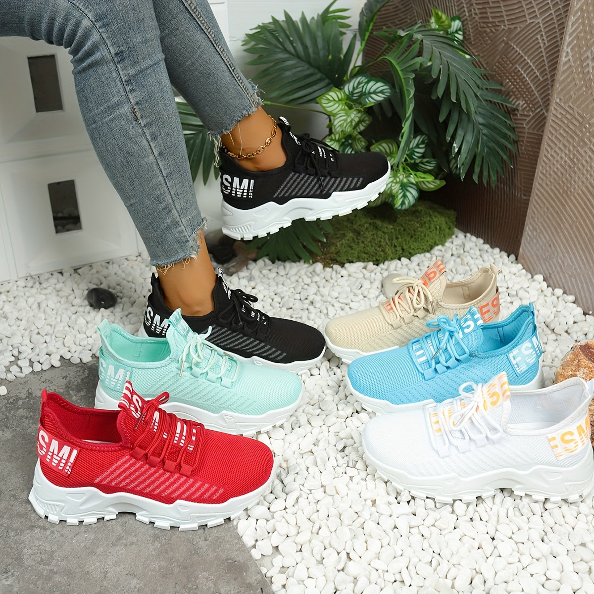 Women's Casual Sneakers, Shock-Absorbing Breathable Running Shoes, Knitted Lace-Up Women's Shoes, Suitable for Daily Commuting, Running, Travel, and Shopping