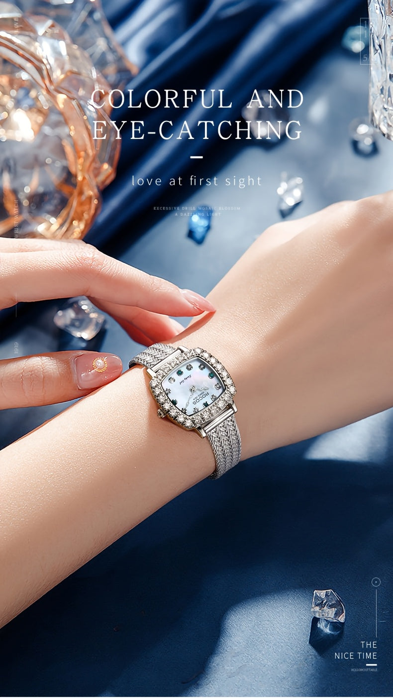 ROCOS Heartwarming Signal Series Fashion Luxury Women'S Watches Square Simple Wristwatch Elegant Rhinestones Watches For Women Quartz Watches Love Heart Hands Dazzling Colour Dial Silvery Steel Strap Gifts For Women R0264