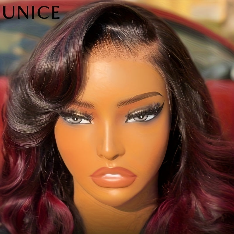 UNICE 7x5 Glueless Lace Front Wig Human Hair - Burgundy Highlights & Dark Brown, Pre Plucked & Bleached Invisible Knots, 180% Density Loose Wave Hairline, No Glue/No Skills Needed, Virgin Hair Donor Wigs for Men & (Beginner
