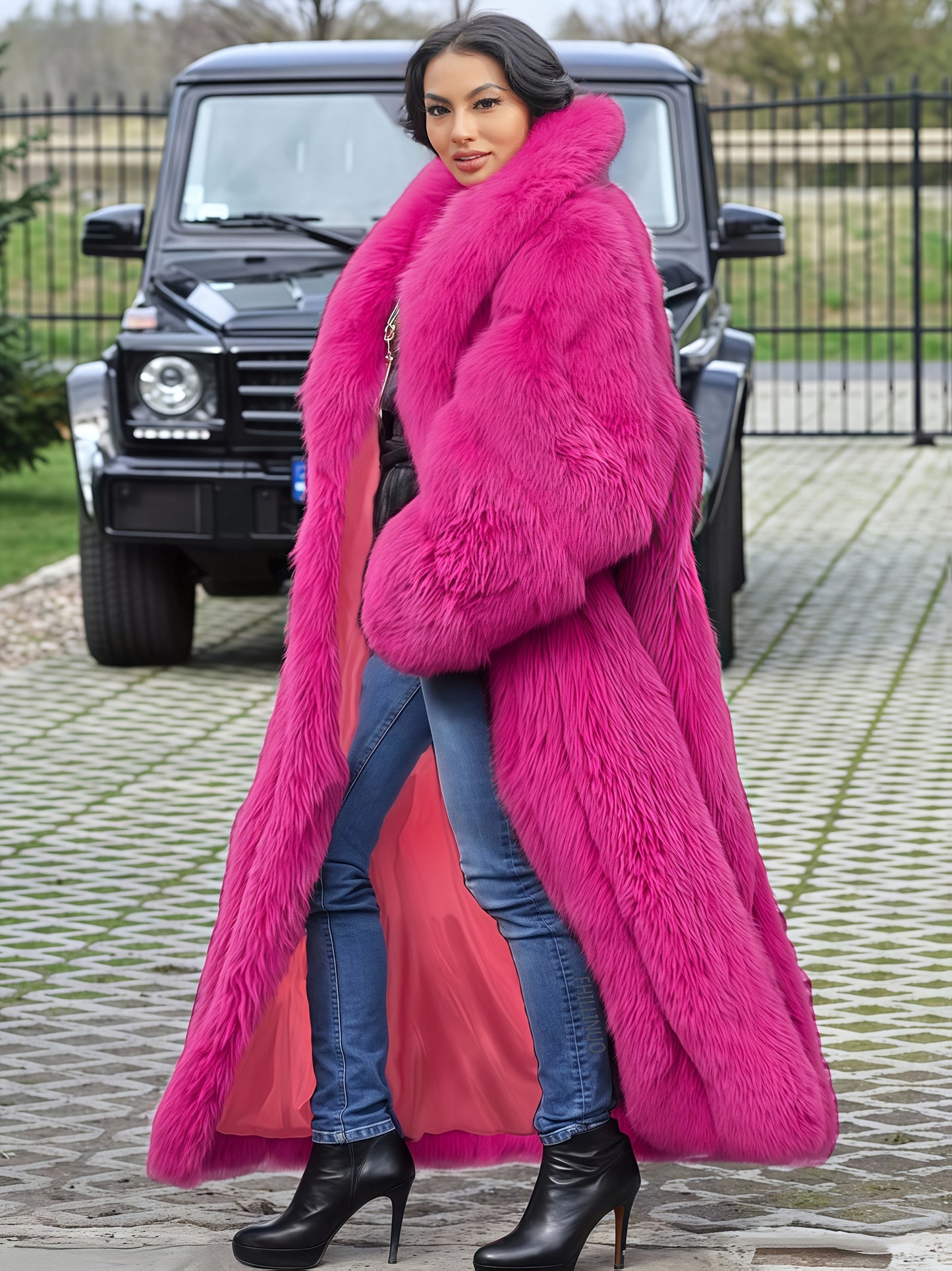 Plus Size - Plus Size Long Faux Rabbit Coat for Women | Stylish and Casual with Elegant Vibe, Non-Stretch Fabric, Lapel Collar, Solid Color, Regular Sleeve, Long Length, Fall/Winter Season