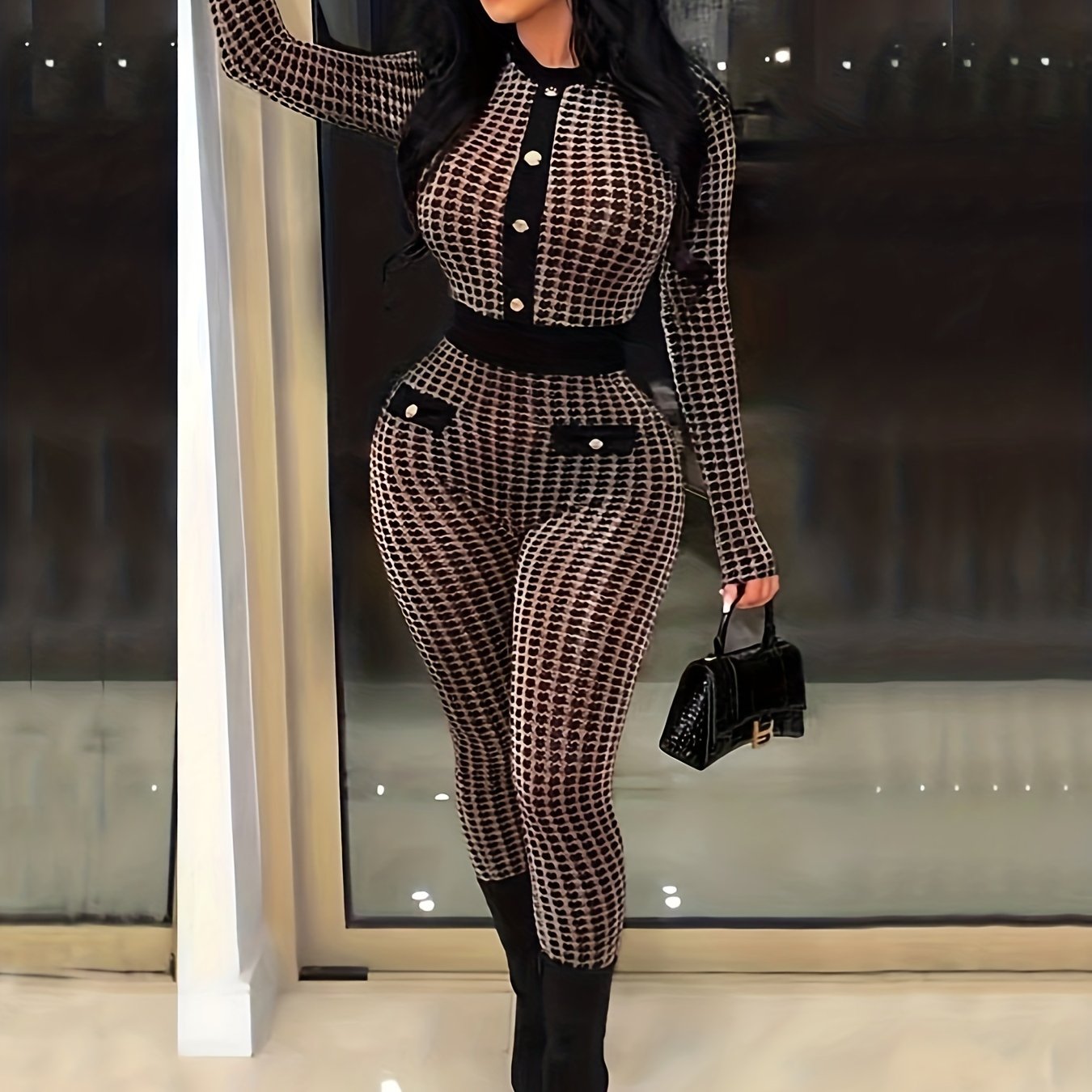 Allover Print Bodycon Jumpsuit, Casual Button Front Long Sleeve Jumpsuit, Women's Clothing