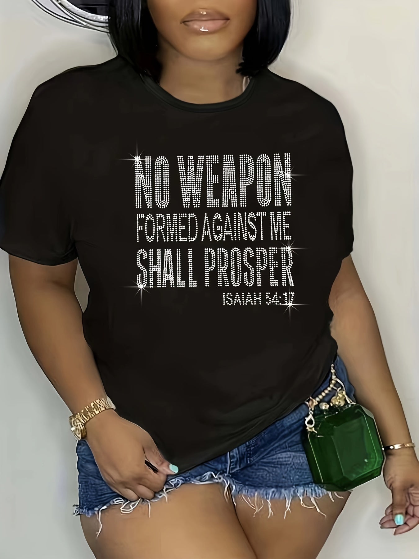 Women's Plus Size Inspirational Rhinestone T-Shirt - "No Weapon Formed Against Me Shall Prosper" (Isaiah 54:17) - Casual Crew Neck Short Sleeve Tee, Black with White Lettering, Glittery Design, Spring/Summer Fashion, Ladies T