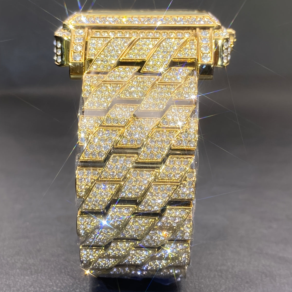 MISSFOX Men'S Luxury Hip-Hop Watch - Golden-Tone Quartz Movement with Date/Calendar, Square Dial & Roman Numeral Display, Sparkling Rhinestone Bezel, Battery-powered Formal/casual Wristwatch For Everyday & Special Events - Id