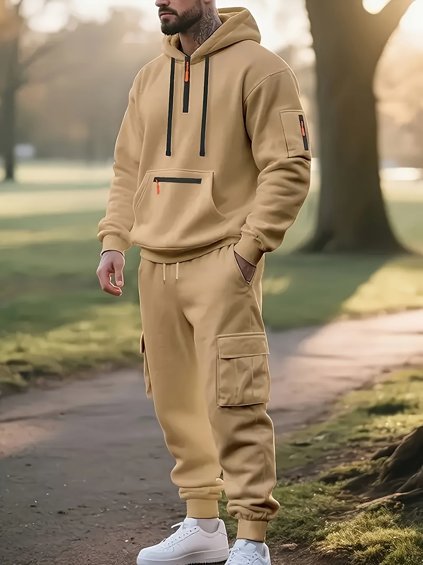 Men'S Style Casual Sportswear Set - Thickened Hooded Sweatshirt & Joggers with Pockets, Long Sleeve, Regular Fit, Solid Color, Button Detail, Fall/Winter Collection