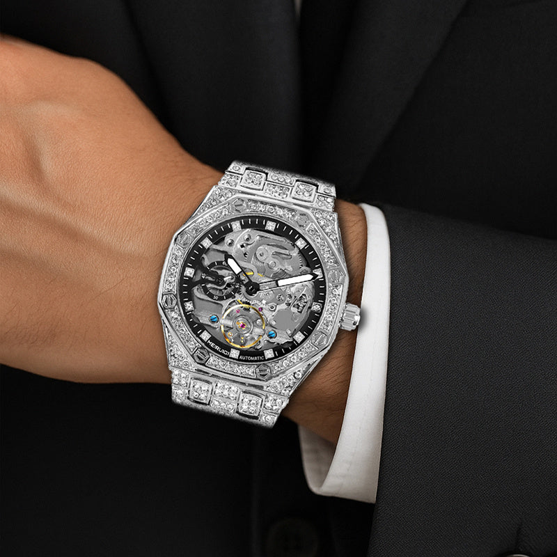 1pc Men'S Luxury Starry Sky Tourbillon Automatic Mechanical Watch with Golden-Tone & Starry Night - Self-Winding Mechanical Movement, 40mm Large Face, Without Battery